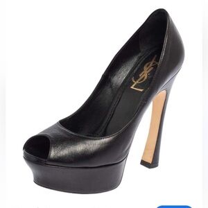 Yves Saint Laurent Black Leather Palais
Platform Peep Toe Pumps Size 9